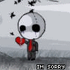 A pixelated character with a round head, black eyes, and a red tie holds a broken red heart against a gray background with black birds.