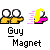 Pixel art image with two cartoon figures and text on gray background; left figure has large white eyes, yellow body, black outline; right figure has yellow hair, pink lower body, purple accents, motion lines.