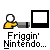 Animated contact sheet of 13 frames showing a yellow stick figure interacting with colored rectangles and rainbow test patterns, each frame labeled "Friggin' Nintendo..." in pixelated text.