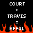 Pixelated text displays 'COURT + TRAVIS = BFF4L' over orange flames on a black background.