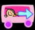 Animated pink vehicle icon with a cartoon character holding a blue arrow, displayed across three frames showing subtle pose changes.