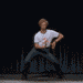 A person in a white t-shirt and dark pants performs sequential dance moves against a black background with blue vertical lines.