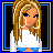 Pixel art contact sheet of an animated buddy icon featuring a female character with blonde hair and blue-and-white crop top, showing multiple frames including full-body poses, torso close-ups, text elements, and leg details against black backgrounds with blue borders.