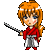 Pixel art character with orange hair and blue eyes holding a sword, wearing red and white clothing against a gray background.