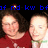 Two people in a pixelated image with blue text above them on black background.