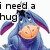 Pixelated image of a blue cartoon donkey with purple ears and black nose, wearing dark clothing, next to text reading "i need a hug" in blocky font.