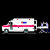Pixelated ambulance with red stripe and blue emblem on white body, two figures loading a stretcher against black background; green text 'Original Icons .com' on right.