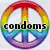 Six rainbow-colored peace symbols arranged in a , each with overlaid text forming the phrase "condoms are cheaper than guns MAKE LOVE NOT WAR"