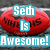 Two red oval objects with black text on them, overlaid by cyan and white pixelated text reading "Seth Is Awesome!" against a gray background.