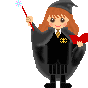 Pixel art of a character with red hair in black robes holding a wand and book, showing two animation frames where the wand's spark changes position.