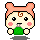 Pixel art character with pink ears, brown spiral mark on forehead, and green clothing in four variations showing mouth expressions.
