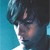 Pixelated profile view of a person with dark hair against a teal background, showing partial facial features and neck in low-resolution style.