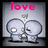 Pixelated icon with pink 'love' text above two gray cartoon figures holding hands against a light gray background.