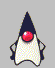 Animated character with dark blue pointed hat, red circular eye, white body, and black limbs in various poses against gray background.