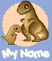 Pixelated dinosaur pair on light blue background with peach circle; text "My Name" below.