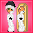 Two pixelated figures in white outfits with black stars stand against a pink background; adjacent shows text 'boy i think that ifm in love with you' on dark gray with pink hearts