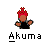 Pixelated character with red spiky hair, black shirt, and outstretched arms above stylized text reading 'Akuma' on gray background.