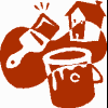 Animated sequence showing a house painter icon with paint bucket, brush, and house symbols transitioning through various states including text overlays and background changes.