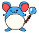 Blue mouse-like creature with red inner ears holds a blue balloon on a red string; two expressions show closed eyes and open mouth with tongue.