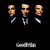 Pixelated static image of three stylized male faces in a row with dark suits and ties, one face showing visible blood on the tie against black background.