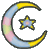 Pixelated crescent moon with gradient colors and a five-pointed star inside, set against a solid gray background.
