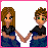 Pixel art animation of two characters holding hands, with hearts appearing and text changing across frames.