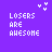 Purple background displays 'LOSERS ARE AWESOME' text in pixelated font with red and white color variations, surrounded by small heart symbols.