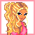 Pixel art contact sheet showing six frames of a blonde female character in pink swimwear with varying poses and accessories, including a white skirt and pink rope tied around her legs.
