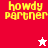 Pixelated text 'howdy partner' in yellow on red, pink, white, and pink backgrounds with white and red star icons.