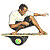 Pixelated figure in mid-air pose with extended limbs, wearing white shirt and dark shorts, holding a long object, standing on a circular base with green and yellow details.