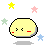 Yellow rounded character with red cheeks and black eyes, shown in multiple expressions against a gray background with colored stars.