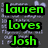 Green text 'Lauren Loves Josh' appears above blue date '05.23.08', with red '4E' and white hearts on a dark background.