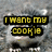 Pixelated yellow text on black rectangular backgrounds reads "I WANT MY COOKIE" against a gray pixelated backdrop.