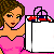 Pixelated cartoon woman in pink dress holding shopping bags with changing text, on solid pink background.