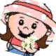 Cartoon girl with pink hat and red shirt holds yellow flower, smiling in three variations of pose and expression.