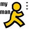 Yellow stick figure with black outline walking left to right, next to "my man" text and three downward arrows on white background.