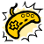 Pixelated yellow crescent with black outline, featuring a spiral symbol and three square shapes on its upper surface, surrounded by jagged black lines against a light background.