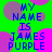 Green background with pink and purple circular shapes, blue pixelated text reading 'MY NAME IS JAMES PURPLE' in four quadrants.