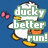 Pixelated duck character with white body, yellow beak and feet, orange backpack, green scarf; blue background with pink butterflies.