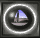 Pixelated sailboat icon with blue and white sails inside a circular frame, displayed in four variations showing different background brightness levels.