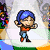 Pixelated character with blue hair in a ponytail, orange shirt, light blue pants, and red shoes, shown in multiple poses against a repeating background.
