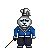 Pixel art character with rabbit-like features wearing blue jacket, dark pants, and white gloves holding a sword against gray background.