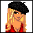 Pixelated icon of a woman with blonde hair and black beret, wearing red top, next to red text on white background.