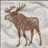 Brown moose with large antlers stands in a snowy landscape, rendered as pixelated digital art on light gray background.