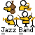 Pixelated jazz band scene with four musicians in yellow outfits playing instruments under "Jazz Band" text.