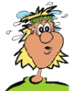Cartoon character with orange face, yellow hair, green headband, and green shirt; left side shows neutral expression, right side shows wide grin.