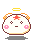Pixelated character with white face, pink cheeks, red star on forehead, yellow halo, and orange-brown ears; two versions show blue question mark near head.
