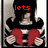 Pixelated character with black hair and red pants sits in a chair, text changes from 'lets' to 'make it' then 'st forever?' across frames.