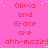 Pink background with repeated red text "Olivia and Grace are ahh-mazin!" surrounded by yellow dots, partially cropped on the right.