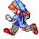 Pixel art character in blue outfit with red shoes and silver armor, running in six showing motion progression